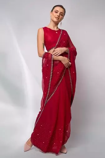 red embellished sequinned satin saree