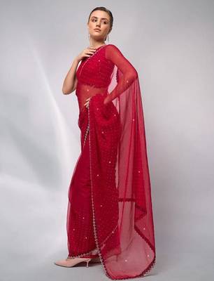 red embellished sequinned satin saree 4