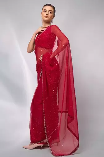 red embellished sequinned satin saree