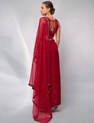 red embellished sequinned satin saree 5
