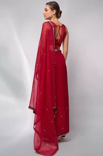 red embellished sequinned satin saree