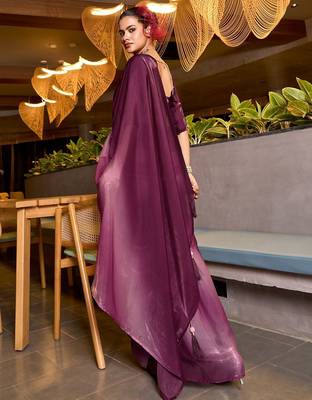 burgundy ombre dyed satin saree with blouse piece 2