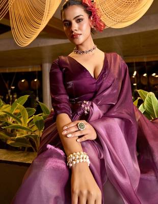 burgundy ombre dyed satin saree with blouse piece 4