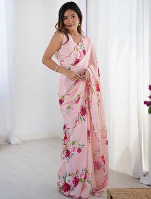 Peach floral kutchi embroidery silk blend saree 1