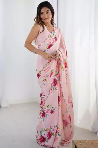 Peach floral kutchi embroidery silk blend saree