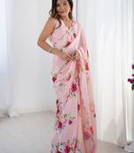Peach floral kutchi embroidery silk blend saree