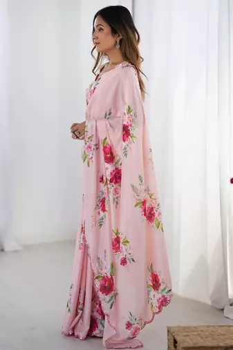 Peach floral kutchi embroidery silk blend saree