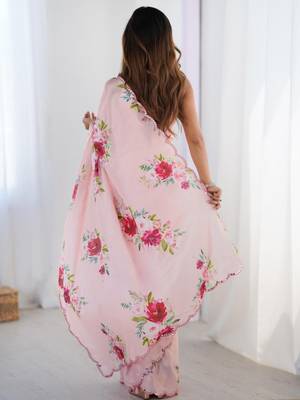 Peach floral kutchi embroidery silk blend saree 3