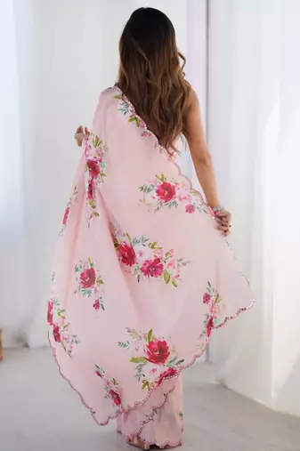 Peach floral kutchi embroidery silk blend saree