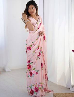 Peach floral kutchi embroidery silk blend saree 4
