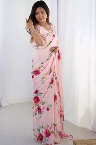 Peach floral kutchi embroidery silk blend saree