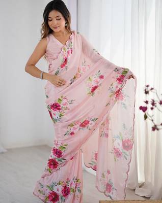 Peach floral kutchi embroidery silk blend saree 5