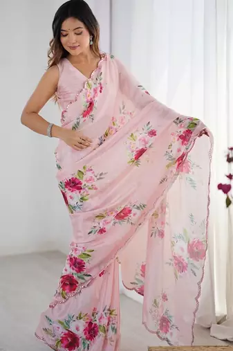Peach floral kutchi embroidery silk blend saree