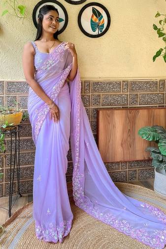 lavender embellished sequinned pure georgette saree