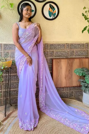 lavender embellished sequinned pure georgette saree