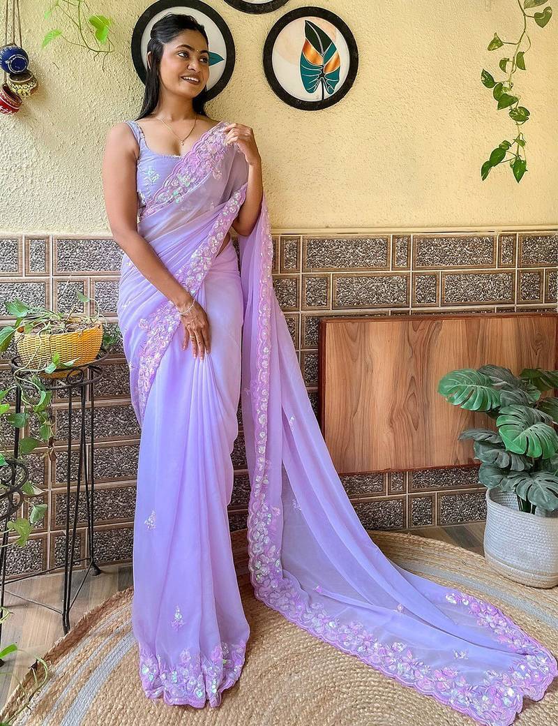 lavender embellished sequinned pure georgette saree