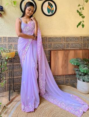 lavender embellished sequinned pure georgette saree 2
