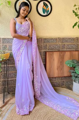 lavender embellished sequinned pure georgette saree