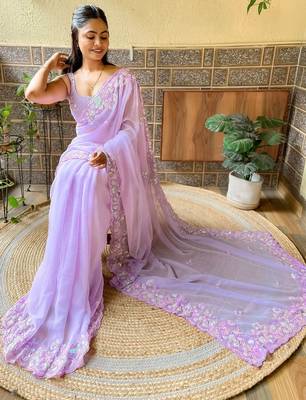 lavender embellished sequinned pure georgette saree 3
