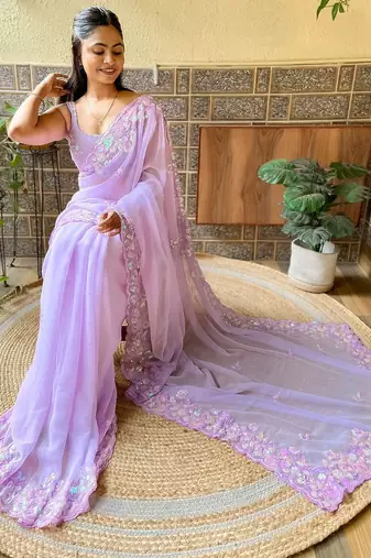lavender embellished sequinned pure georgette saree