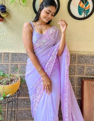 lavender embellished sequinned pure georgette saree 4