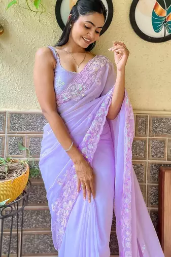 lavender embellished sequinned pure georgette saree