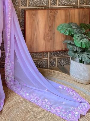 lavender embellished sequinned pure georgette saree 5