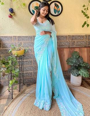 blue embellished sequinned saree 2