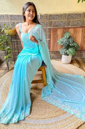 blue embellished sequinned saree