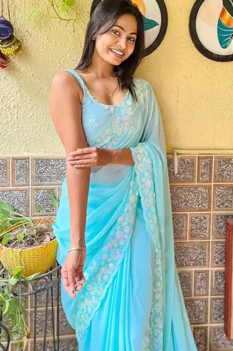 blue embellished sequinned saree