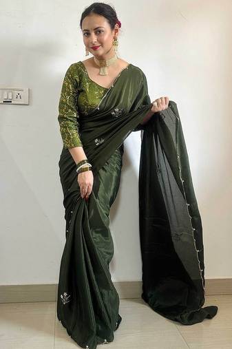 Green green floral embroidered beads & stones saree