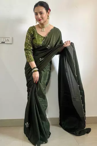 Green green floral embroidered beads & stones saree