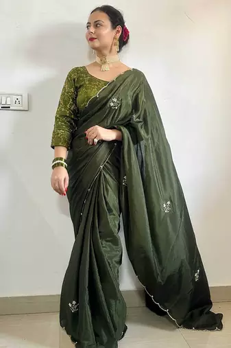 Green green floral embroidered beads & stones saree
