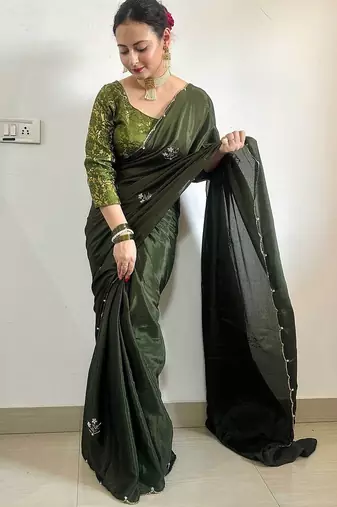 Green green floral embroidered beads & stones saree