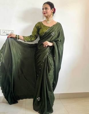 Green green floral embroidered beads & stones saree 4