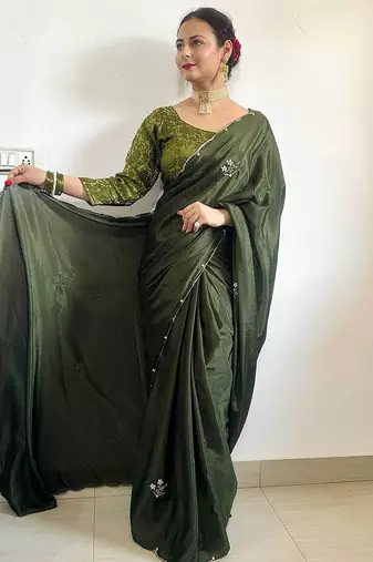 Green green floral embroidered beads & stones saree