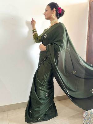 Green green floral embroidered beads & stones saree 5