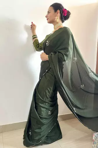 Green green floral embroidered beads & stones saree