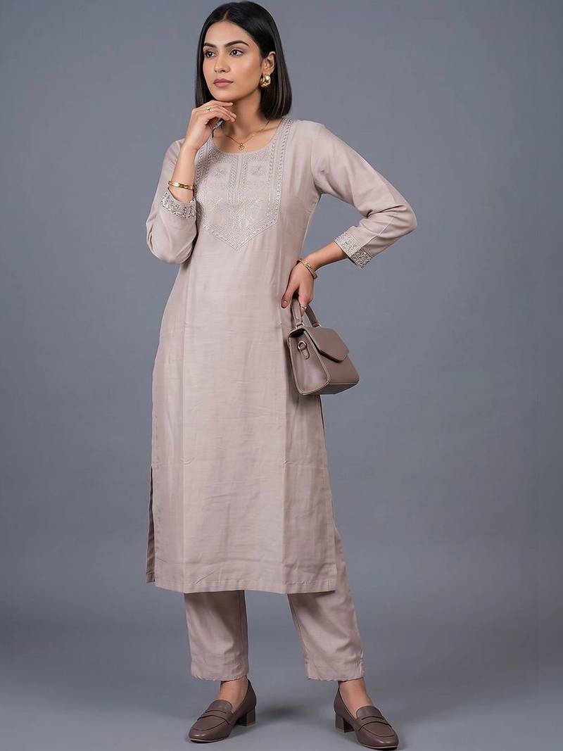 women ethnic motifs embroidered regular thread work kurta with trousers