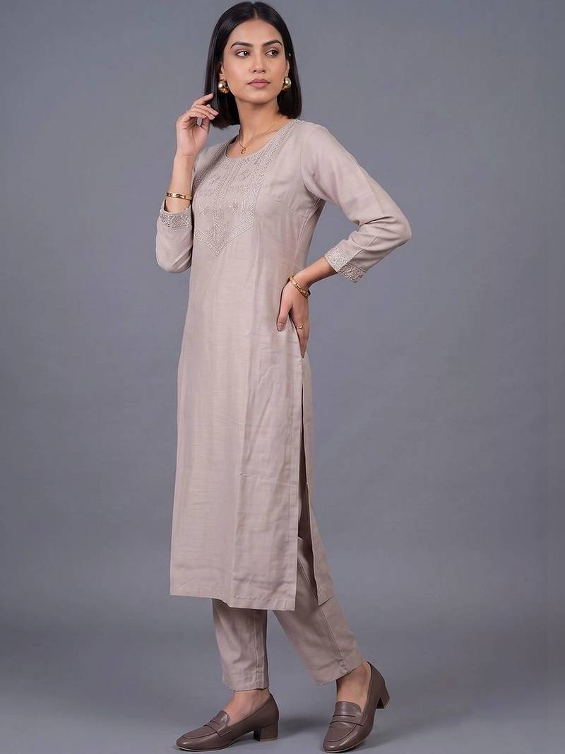 women ethnic motifs embroidered regular thread work kurta with trousers