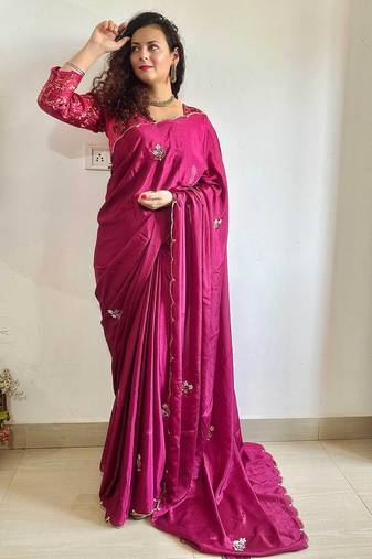 magenta magenta floral embroidered beads & stones saree