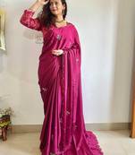 magenta magenta floral embroidered beads & stones saree