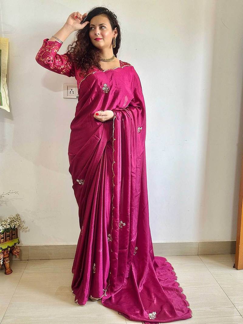 magenta magenta floral embroidered beads & stones saree