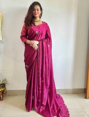 magenta magenta floral embroidered beads & stones saree 4