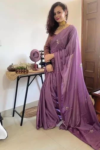 lavender lavender floral embroidered beads & stones saree