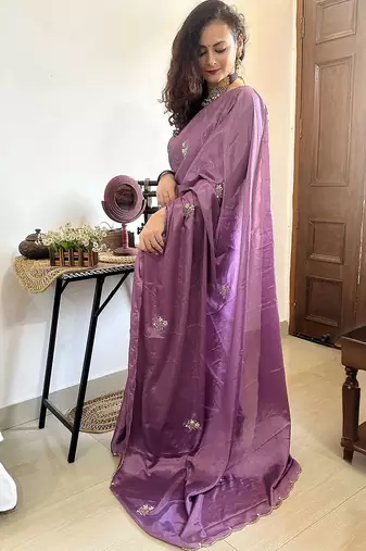 lavender lavender floral embroidered beads & stones saree