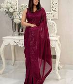 burgundy embellished sequinned pure georgette designer saree