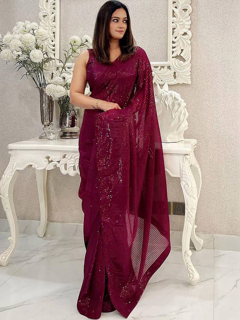 burgundy embellished sequinned pure georgette designer saree