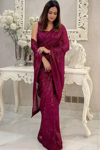 burgundy embellished sequinned pure georgette designer saree