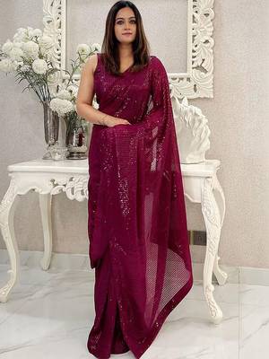 burgundy embellished sequinned pure georgette designer saree 5